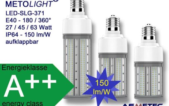 Erste HiPower LED-Lampe universell verwendbar für Laternen, Polder und Kragarmleuchten mit 360° oder aufgeklappt 180° Lichtwinkel