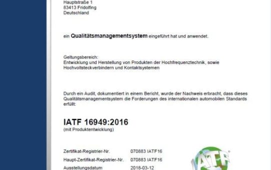Rosenberger nach neuem Standard IATF 16949:2016 zertifiziert