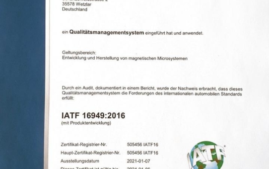 Sensitec erhält Automotive IATF16949-Zertifizierung aufrecht