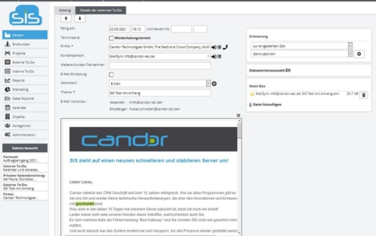 SalesInformationSystem SIS von Candor Technologies jetzt mit neuen E-Mail-Funktionalitäten