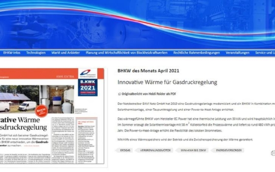 Eine BHKW-Kombinationsanlage wurde zum BHKW des Monats April  gekürt