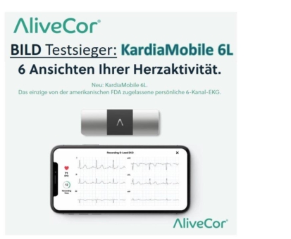 BILD-Testsieger 2021 der „mobilen EKG-Geräte“:  Das KardiaMobile 6L von AliveCor