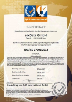 sixData GmbH ist ISO 27001 zertifiziert