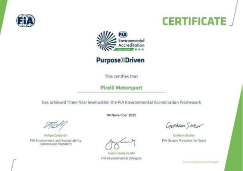 Pirelli als erstes Reifenunternehmen von der FIA mit drei Sternen für den Umweltschutz im Motorsport ausgezeichnet