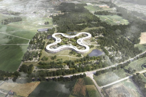 Eine Superklinik, geformt wie ein 4-blättriges Kleeblatt, mit 128.000 m² Grundfläche