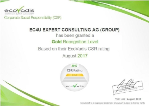 ec4u erreicht zum dritten Mal in Folge Gold Recognition Level im CSR Rating von EcoVadis