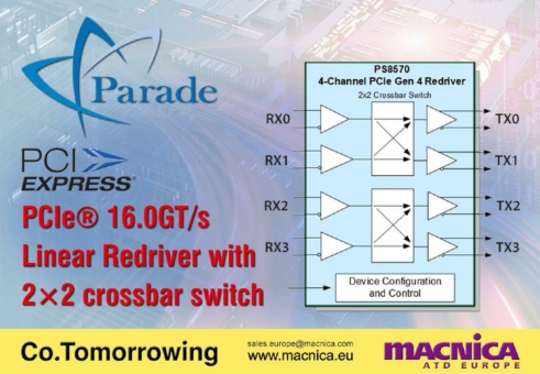 Parade stellt linearen Redriver für PCI Express 4.0 mit 2×2 Crossbar Switch vor: Der PS8570 ermöglicht effizienten Betrieb und bietet flexible Verbindungsoptionen