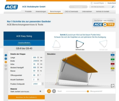 Jetzt live bei ACE: Gasfedern online berechnen und auslegen