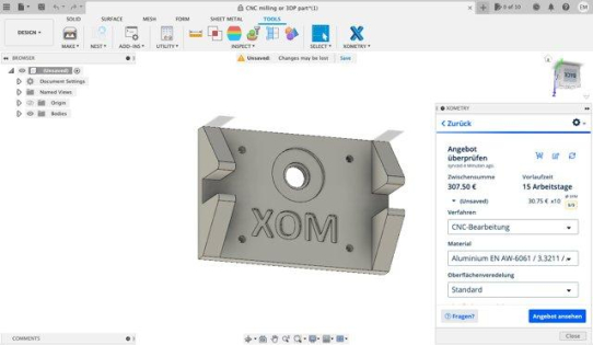 Xometry jetzt mit Sofortpreisangebot auf Autodesk Fusion 360