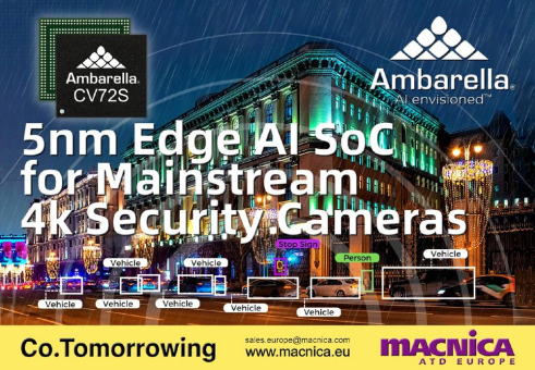 Ambarella stellt einen 4K, 5nm Edge-AI SoC für Mainstream Si-cher¬heitskameras mit neuen Spitzenleistungen der AI Perfor-mance pro Watt, Bildqualität und Sensorfusion vor