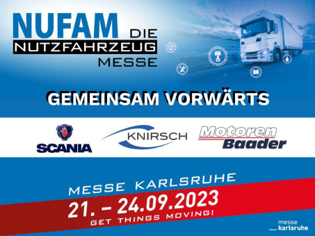 SCANIA-Händler Martin Knirsch Kraftfahrzeuge GmbH und Motoren Baader GmbH präsentieren wegweisende Innovationen auf der NUFAM 2023