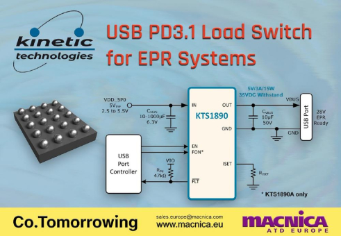 Kinetic Technologies stellt einen strombegrenzenden USB VBUS Safety-Management Lastschalter vor, der die neuesten 28V USB PD3.1 Extended Power Range (EPR) Systeme unterstützt