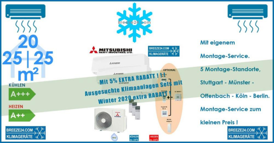 Mitsubishi Heavy Klimaanlage Wandgeräte SRK 20 ZS-W + 2 x SRK 25 ZS-W + Außengerät SCM 60 ZS-W Set für 3 Zimmer mit je 20 | 25 | 25 m²