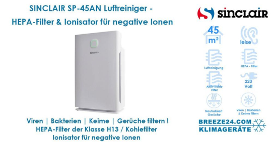 Luftreiniger von SINCLAIR SP-45AN für 1 Zimmer mit 45 m², für eine viren- & bakterienfreie Luft in Innenräumen