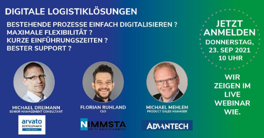 Die digitale Logistiklösung für die Intralogistik mit Arvato, Advantech und NIMMSTA (Webinar | Online)