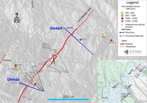 Outcrop Silver durchteuft in einem 150-Meter-Stepout-Bohrloch 1,06 Meter mit 1.930 g/t AgÄq und bestätigt damit die hochgradige Erweiterung nach Norden und weitet das Erzgangsystem Los Mangos aus