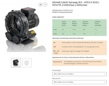 Druckluft zuverlässig und sicher fördern: Seitenkanalverdichter K04MS mit ATEX II 3GD für Industrieanwendungen