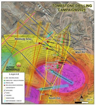 Aztec bohrt 556,5 g/t Silber und 17,7 g/t Gold (2.149,5 g/t AgÄq) auf 3,04 m innerhalb von 70,8 g/t Ag und 1,99 g/t Au (250,2 g/t AgÄq) auf 28,9 m und setzt Erweiterung des Ziels Contention sowie Bohrungen hinsichtlich potenzieller CRD-Mineralisierung bei