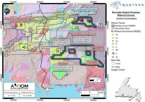 Mustang Energy Corp. steckt zwei neue Mineralkonzessionsgebiete in Neufundland ab: das Uranprojekt Onyx und das Kupfer-Silber-Projekt Bridal Veil