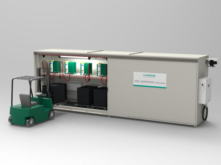 Outside in the box: HOPPECKE trak | systemizer powercube ist einzigartige Outdoor-Lade- und Wechselstation für Flurförderzeuge