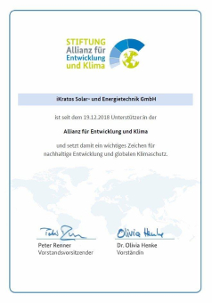 iKratos erhält Urkunde von der Allianz für Entwicklung und Klima