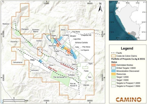 Camino stößt bei Costa de Cobre in Peru auf hochgradiges Kupfer mit 76,2 m bei 0,88 % Cu, einschließlich 16,25 m bei 2,67 % Cu und 6,82 g/t Ag; alle fünf gemeldeten Bohrlöcher durchschneiden eine starke Kupfermineralisierung