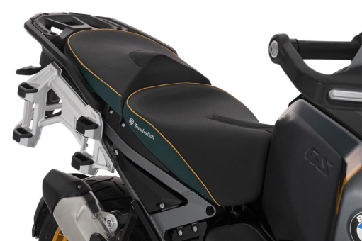 Wunderlich komplettiert die AKTIVKOMFORT Sitz-Reihe für die BMW R 1300 GS Adventure mit den grün-goldfarbenen-Varianten passend für die Option719 Karakorum
